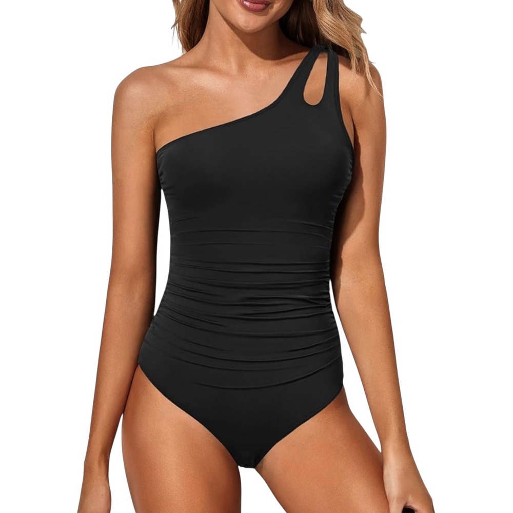 NEW Black Size Small One Shoulder Ruched One Piece Swimsuit Adjustable Straps